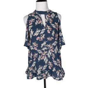 Sienna Sky Floral Cold Shoulder Blouse Top Keyhole Detail Size Small Blue White